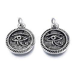 Tibetan Style Alloy Pendant Rhinestone Settings, with Jump Rings, Cadmium Free & Lead Free, Flat Round with Eye of Horus Pattern, Antique Silver, Fit for 1mm Rhinestone, 18x15x2mm, Hole: 3mm(TIBE-N011-206)