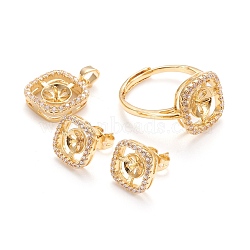 Brass Finger Ring & Pendants & Stud Earrings Findings, with Cubic Zirconia, for Half Drilled Beads, Long-Lasting Plated, Square, Clear, Real 18K Gold Plated, Ring: Inner Diameter: 19mm, Pendants: 16x12.5x4mm, Hole: 3.5x3mm, Earrings: 15x11mm, Pin: 0.8mm(KK-K243-02G)