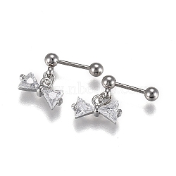 304 Stainless Steel Barbell Cartilage Earrings, with Clear Cubic Zirconia Bowknot Charm, Stainless Steel Color, 11.5mm, Pin: 0.8mm, 12pcs/set(EJEW-H113-09P)