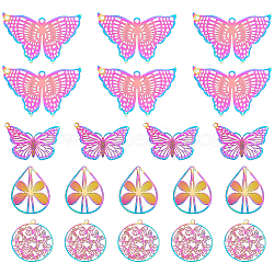 Nbeads 32Pcs 4 Style Ion Plating(IP) 201 Stainless Steel Filigree Pendants, Etched Metal Embellishments, Butterfly, Rainbow Color, 8pcs/style(STAS-NB0001-20)