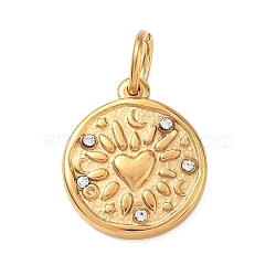 304 Stainless Steel Rhinestone Pendants, Flat Round Charms, Golden, Heart Charms, 22mm, Hole: 5mm(FIND-T075-08B)