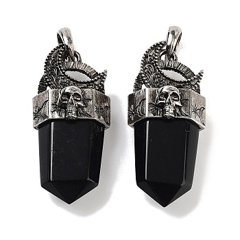 Natural Obsidian Faceted Sword Pendants, Rack Plating Antique Silver Plated Alloy Moon Charms, Cadmium Free & Lead Free, 47.5~48x21.5x13.5mm, Hole: 7x6.5mm