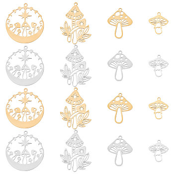 16Pcs 8 Style 201 & 304 Stainless Steel Pendants, Mushroom, Golden & Stainless Steel Color, 17~34x14.5~3
0x1mm, Hole: 1.4~1.6mm, 2pcs/style