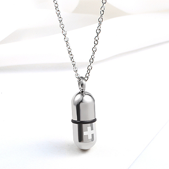 Medical Theme Pill Shape Stainless Steel Pendant Necklaces with Cable Chains, Stainless Steel Color, no size
