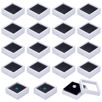 Square Plastic Loose Diamond Gemstone Storage Boxes, with Clear Glass Window and Black Sponge, White, 4.15x4.15x1.65cm