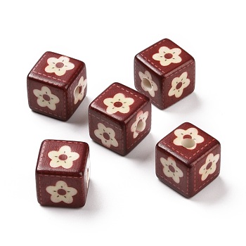 Opaque Printed Acrylic Beads, Cube with Flower Pattern, Brown, 13.5x13.5x13.5mm, Hole: 3.8mm