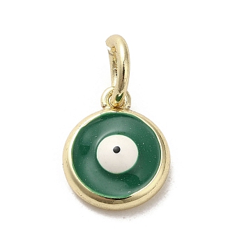 Brass Enamel Charms, with Jump Ring, Real 18K Gold Plated, Flat Round with Evil Eye Charm, Green, 11x9x3.5mm, Hole: 3.6mm