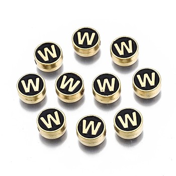 Alloy Enamel Beads, Cadmium Free & Lead Free, Light Gold, Flat Round with Alphabet, Black, Letter.W, 8x4mm, Hole: 1.5mm
