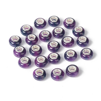 Rondelle Resin European Beads, Large Hole Beads, Imitation Stones, with Silver Tone Brass Double Cores, Dark Violet, 13.5x8mm, Hole: 5mm