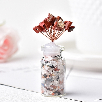 Natural Red Jasper Chips Tree Decorations, Crystal Glass Bottle Base with Copper Wire Feng Shui Energy Stone Gift for Home Office Desktop Decor, 60~70mm