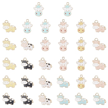 Light Gold Plated Alloy Pendants, with Enamel, Dairy Cow, Mixed Color, 32pcs/box