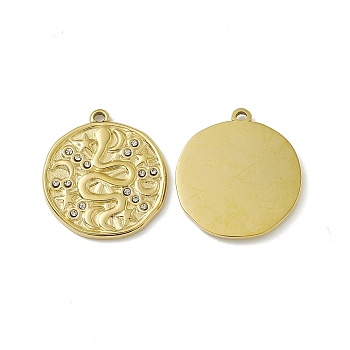 Vacuum Plating 201 Stainless Steel Pendants, Crystal  Rhinestone Flat Round with Snake Pattern Charms, Real 18K Gold Plated, 25x22.5x2mm, Hole: 1.6mm