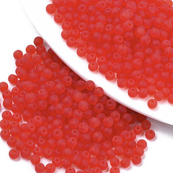 Frosted Colours Glass Beads, Transparent Colours, Round, Red, 4x3mm, Hole: 1mm, about 4500pcs/bag