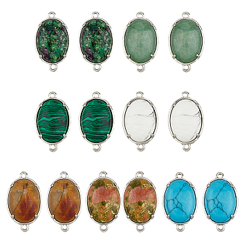 14Pcs 7 Styles Natural & Synthetic Mixed Gemstone Connector Charms, Flatback Oval Links, with Platinum Plated Brass Findings, 15x26x5.5~7mm, Hole: 1.5~2mm, 2pcs/style
