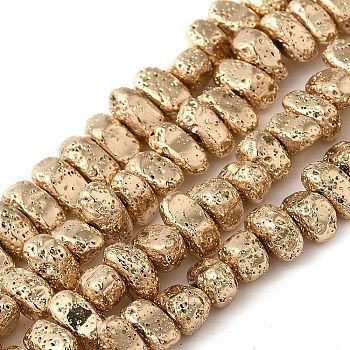 Electroplated Natural Lava Rock Beads Strands, Tumbled Stone, Nuggets, Light Gold Plated, 8~9.5x5~6.5x4~4.5mm, Hole: 1.2mm, about 88pcs/strand, 15.75 inch(40cm)