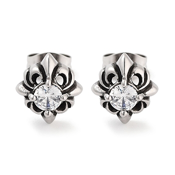 Flower 316 Surgical Stainless Steel Pave Clear Cubic Zirconia Stud Earrings for Women Men, Antique Silver, 9.5x10.5mm