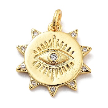 Rack Plating Brass Micro Pave Cubic Zirconia Pendants, Long-Lasting Plated, Lead Free & Cadmium Free, Sun with Evil Eye, Clear, 18.5x14x2mm, Hole: 3mm