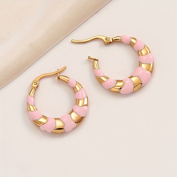 Stylish Enamel Earrings Set, High Quality Stainless Steel Gold-plated Hoop Earrings, Pink, 26x26mm