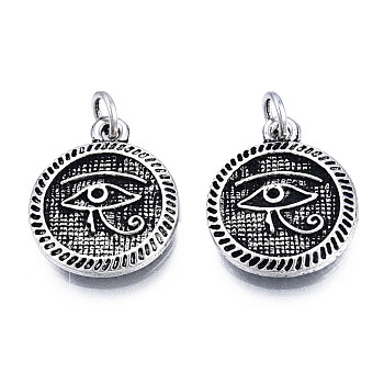 Tibetan Style Alloy Pendant Rhinestone Settings, with Jump Rings, Cadmium Free & Lead Free, Flat Round with Eye of Horus Pattern, Antique Silver, Fit for 1mm Rhinestone, 18x15x2mm, Hole: 3mm