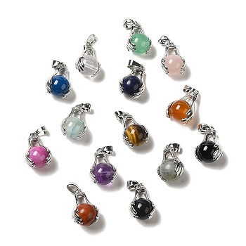 Natural Mixed Gemstone Pendants, Brass Hands with Round Charms, Mixed Dyed and Undyed, Platinum, 23x25x12mm, Hole: 6.5x4mm