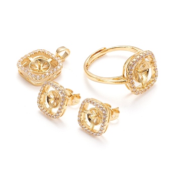 Brass Finger Ring & Pendants & Stud Earrings Findings, with Cubic Zirconia, for Half Drilled Beads, Long-Lasting Plated, Square, Clear, Real 18K Gold Plated, Ring: Inner Diameter: 19mm, Pendants: 16x12.5x4mm, Hole: 3.5x3mm, Earrings: 15x11mm, Pin: 0.8mm