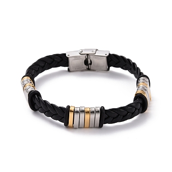 Men's Silicone Cord Braided Cord Bracelet, Rectangle Titanium Steel Beads Friendship Bracelet, Black, Golden & Stainless Steel Color, 8-5/8 inch(22cm)