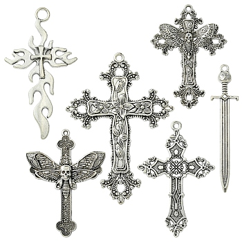 6Pcs 6 Styles Tibetan Style Alloy Cross Pendants, Mixed Shapes, Antique Silver, 51.5~74x14.5~54x1.5~2mm, Hole: 1.6~5mm, 1pc/style