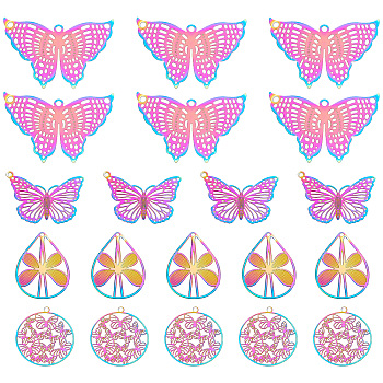 Nbeads 32Pcs 4 Style Ion Plating(IP) 201 Stainless Steel Filigree Pendants, Etched Metal Embellishments, Butterfly, Rainbow Color, 8pcs/style