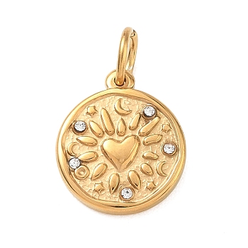 304 Stainless Steel Rhinestone Pendants, Flat Round Charms, Golden, Heart Charms, 22mm, Hole: 5mm