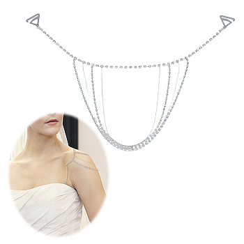 Alloy & Iron Crystal Rhinestone Tassel Sexy Shoulder Bra Body Chains, Wedding Arm Chain Summer Beach Bikini Shoulder Harness for Women Brides, Platinum, 350mm