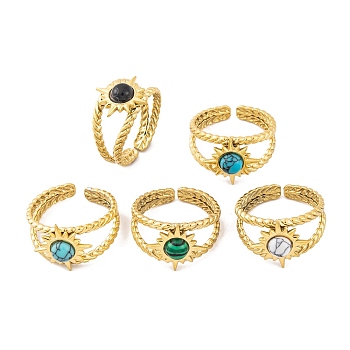 Sun 304 Stainless Steel Open Cuff Rings, Synthetic Turquoise & Malachite Rings for Women, Real 18K Gold Plated, Adjustable