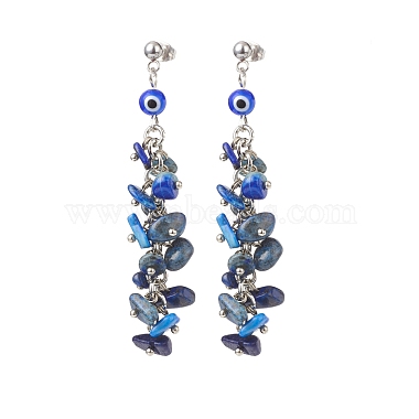 Natural Gemstone Chips & Lampwork Evil Eye Cluster Dangle Stud Earrings(EJEW-JE05040)-3