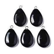 Synthetic Black Stone Pendants, with Platinum Iron Loop, Teardrop, 23~25x12~14x4~5mm, Hole: 2mm(G-S356-14A)