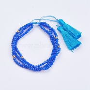 Glass Multi-strand Bracelets, with Brass Round Beads and Nylon Cord Tassel Pendants, Blue, 2 inch(52mm)(BJEW-I237-01A)