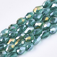 Electroplate Glass Beads Strands, AB Color Plated, Faceted, Teardrop, Light Sea Green, 7.5~8x6mm, Hole: 1mm, about 72pcs/strand, 22.6 inch(X-EGLA-T013-05D)