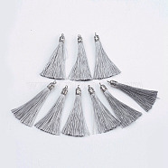 Nylon Tassels Big Pendant Decorations, with Antique Silver Alloy Findings, Gray, 55~67x7mm, Hole: 2mm(STAS-F142-07J)