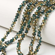 Electroplate Transparent Glass Beads Strands, Half Golden Plated, Faceted, Rondelle, Dark Green, 6x5mm, Hole: 1mm, about 83~85pcs/strand, 38~39cm(EGLA-A034-T6mm-O10)