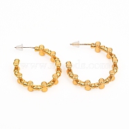 Brass Stud Earrings, Half Hoop Earrings, Long-Lasting Plated, with Plastic Ear Nuts, Cross, Real 18K Gold Plated, 30x25x7mm, Pin: 0.7mm(EJEW-F250-11-G)