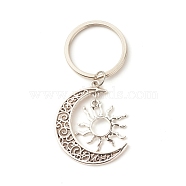 Tibetan Style Sun & Moon Alloy Keychain, with Iron Key Rings, Antique Silver & Stainless Steel Color, 7.3cm(KEYC-JKC00296)