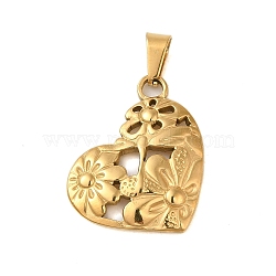 Ion Plating(IP) 304 Stainless Steel Pendants, Heart with Flower Charm, Golden, 26x21x3mm, Hole: 6x3.5mm(STAS-C103-34G)