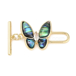 Brass Micro Pave Clear Cubic Zirconia Toggle Clasps, with Abalone shell, Butterfly, Real 18K Gold Plated, Butterfly: 15x26x3mm, Hole: 1.6mm, Bar: 18x3.5x1.5mm, Hole: 1mm(KK-K391-21G-01)