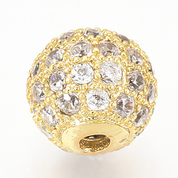 Brass Micro Pave Cubic Zirconia Beads, Round, Clear, Golden, 12mm, Hole: 2mm(ZIRC-Q013-12mm-142G)