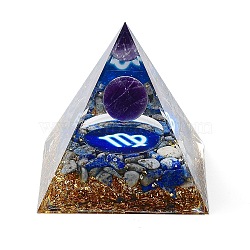 Orgonite Pyramid Resin Energy Generators, Reiki Natural Amethyst Beads Inside for Home Office Desk Decoration, Virgo, 59.5x59.5x59.5mm(DJEW-D013-05D)