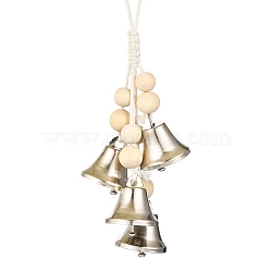 Iron Bell Hanging Ornaments, Wood Round Bead and Cotton Cord for Home Door Wall Decoration, Platinum, 248mm(HJEW-JM02467)