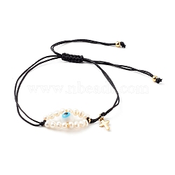 Adjustable Nylon Thread Braided Bead Bracelets, with 304 Stainless Steel Cross Charms and Evil Eye Natural Freshwater Shell Beads, Evil Eye Lampwork Round Beads, Black, Inner Diameter: 1-1/2~4 inch(3.8~10.2cm)(BJEW-JB06262-03)