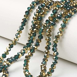 Electroplate Transparent Glass Beads Strands, Half Golden Plated, Faceted, Rondelle, Dark Green, 6x5mm, Hole: 1mm, about 85~88pcs/strand, 16.1~16.5 inch(41~42cm)(EGLA-A034-T6mm-O10)