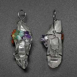 Natural Quartz Crystal Big Pendants, with Mixed Gemstone Chips and Brass Findings, Nuggets, Platinum, 60~110x20~27mm, Hole: 7x10mm(G-F558-03P)