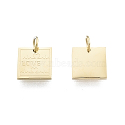 Ion Plating(IP) 304 Stainless Steel Charms, with Jump Ring, Square with Word Love & Heartbeat, Real 14K Gold Plated, 8x8x1mm, Jump Ring: 4x0.5mm, Inner Diameter: 2.5mm(STAS-T060-18G)