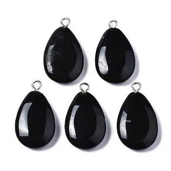 Synthetic Black Stone Pendants, with Platinum Iron Loop, Teardrop, 23~25x12~14x4~5mm, Hole: 2mm