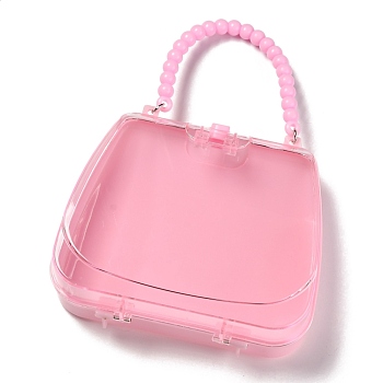 Handbag Plastic Jewelry Boxes, with Plastic Beads Handle, Transparent Cover, Pink, 14.2x15.8x5.55cm